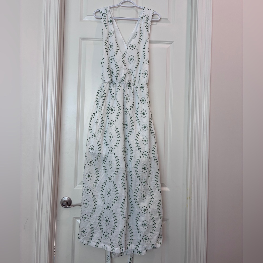 A New Day White and Green Leaf‎ Embroidered Lined Open back Maxi Dress